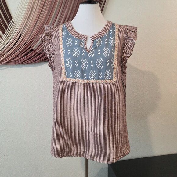 Entro Striped Cap Sleeve Blouse Sz L - Picture 2 of 4